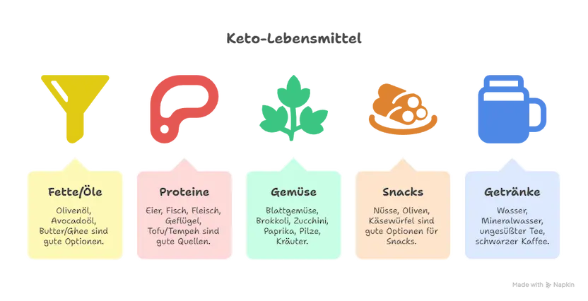 Diagramm mit Lebensmitteln für die ketogene Ernährung: Fette und Öle wie Olivenöl, Avocadoöl und Butter; Proteine wie Eier, Lachs, Makrele, Fleisch, Geflügel und Tofu; Gemüse wie Blattgemüse, Brokkoli, Zucchini, Paprika, Pilze und Kräuter; Snacks wie Nüsse, Oliven und Käsewürfel; Getränke wie Wasser, Mineralwasser, ungesüßter Tee und schwarzer Kaffee.